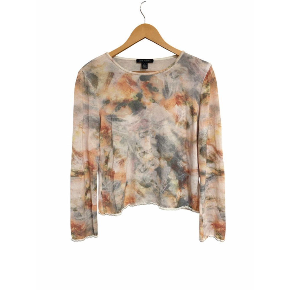St John Lightweight Knit Sweater Watercolor Print Sheer Long Sleeve M